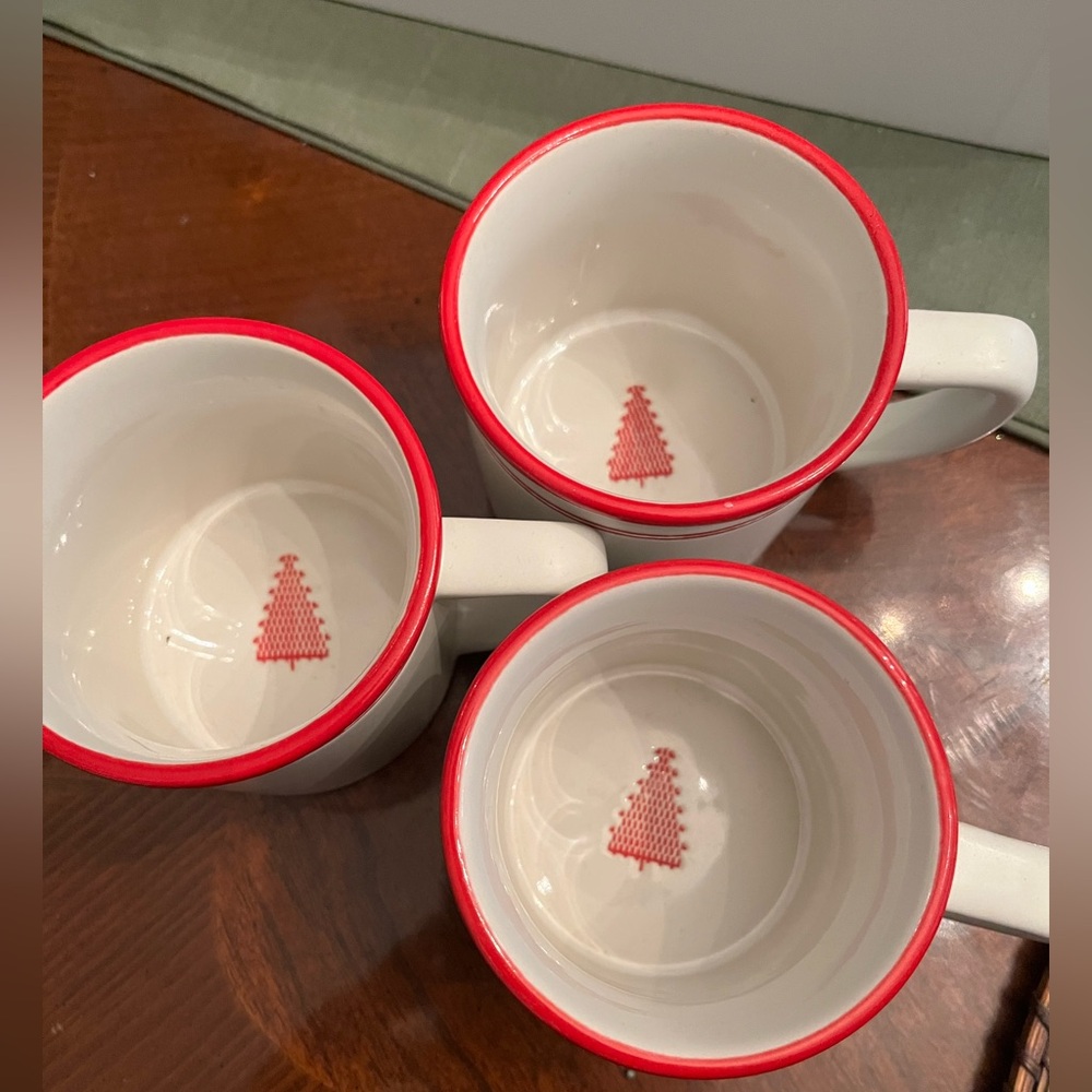 Hearth & Hand White Ceramic Mugs with Red Trim and Tree Motif - Set of 3